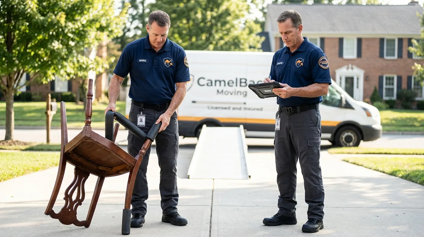 Movers inspecting furniture for damage prevention before loading in Pittston, PA