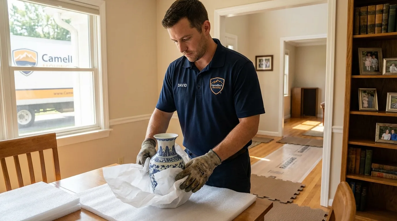 Professional crew carefully wrapping antique vase for senior downsizing move in Pittston, PA